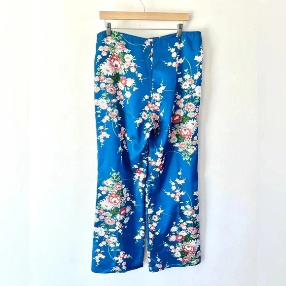 Vintage Blue Floral Satin Kimono Top & Wide Leg Pants Asian Boho 2 Piece Set - Picture 14 of 15